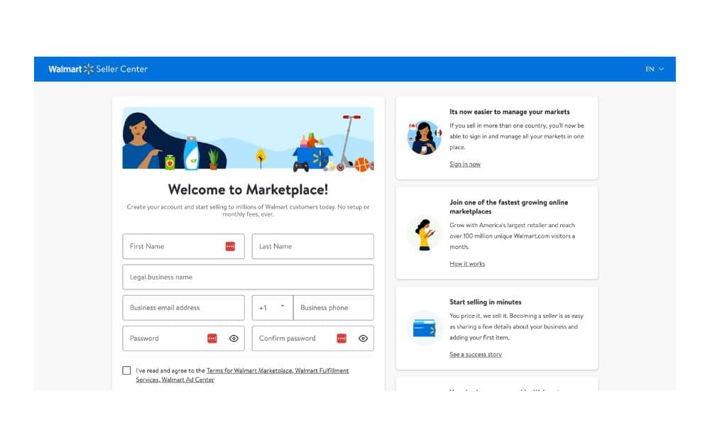Walmart Seller Center sign-up (screenshot) private label walmart