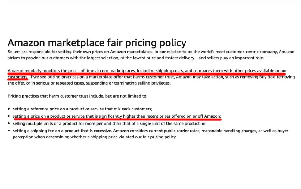 Amazon Marketplace Fair Pricing Policy (Source – Seller Forums)