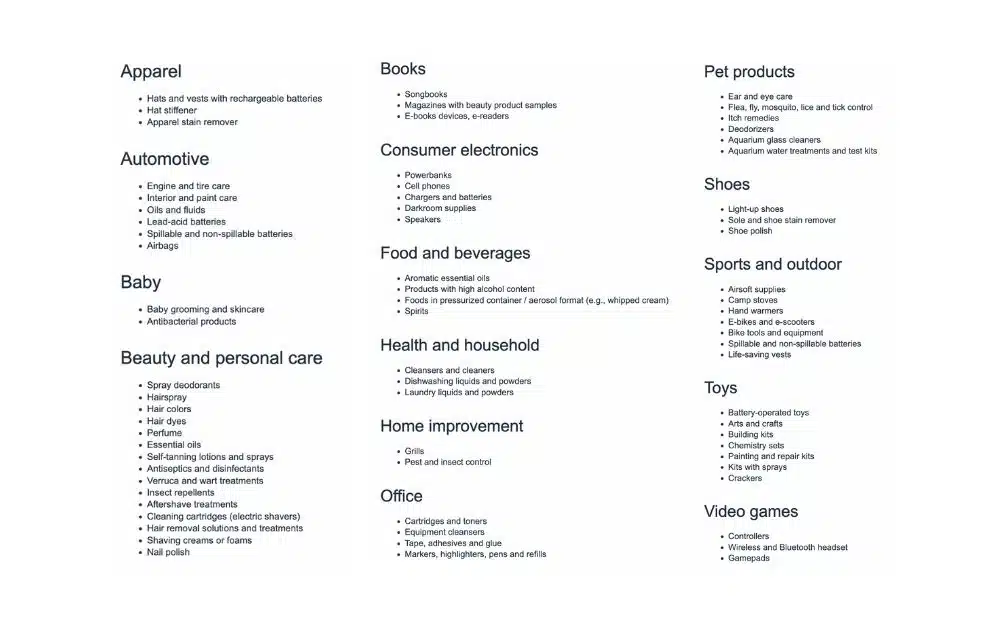 Examples of possible dangerous goods (screenshot from Amazon Seller Central)