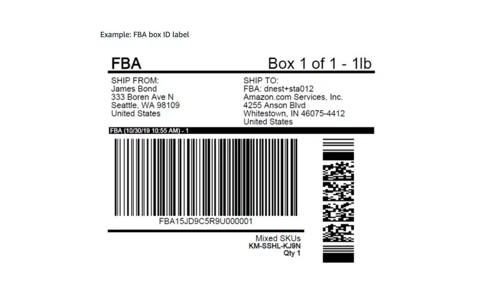 Amazon FBA box ID label example (screenshot from Seller Central)